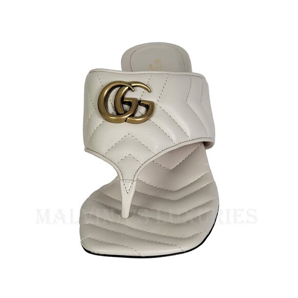 GUCCI SHOES DOUBLE G MARMONT LOGO WHITE QUILTED THONG SANDALS - Picture 9 of 15
